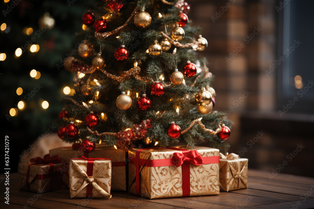 christmas tree with gold presents