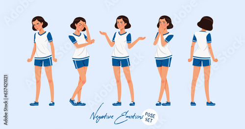 Sporty teenage active girl set feeling negative emotions. Young woman wearing activewear athletic boys outfit. Health, wellness, physical education fitness female coach. Cartoon character illustration