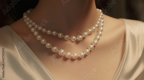 Beautiful woman wear pearl necklace with blur background