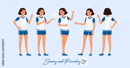 Sporty teenage active girl set showing, presenting poses. Young woman wearing activewear athletic boys outfit. Health, wellness, physical education fitness female coach. Cartoon character illustration