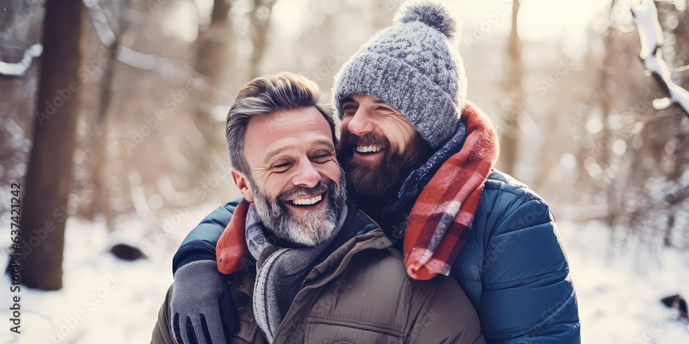 Two men in their 40s portrait, cute gay couple in love hugging each other on a winter day, snow falling, smiling, romantic atmosphere. Two men in their 40s portrait, cute gay couple in love hugging each other on a winter day, snow falling, smiling, romantic atmosphere.