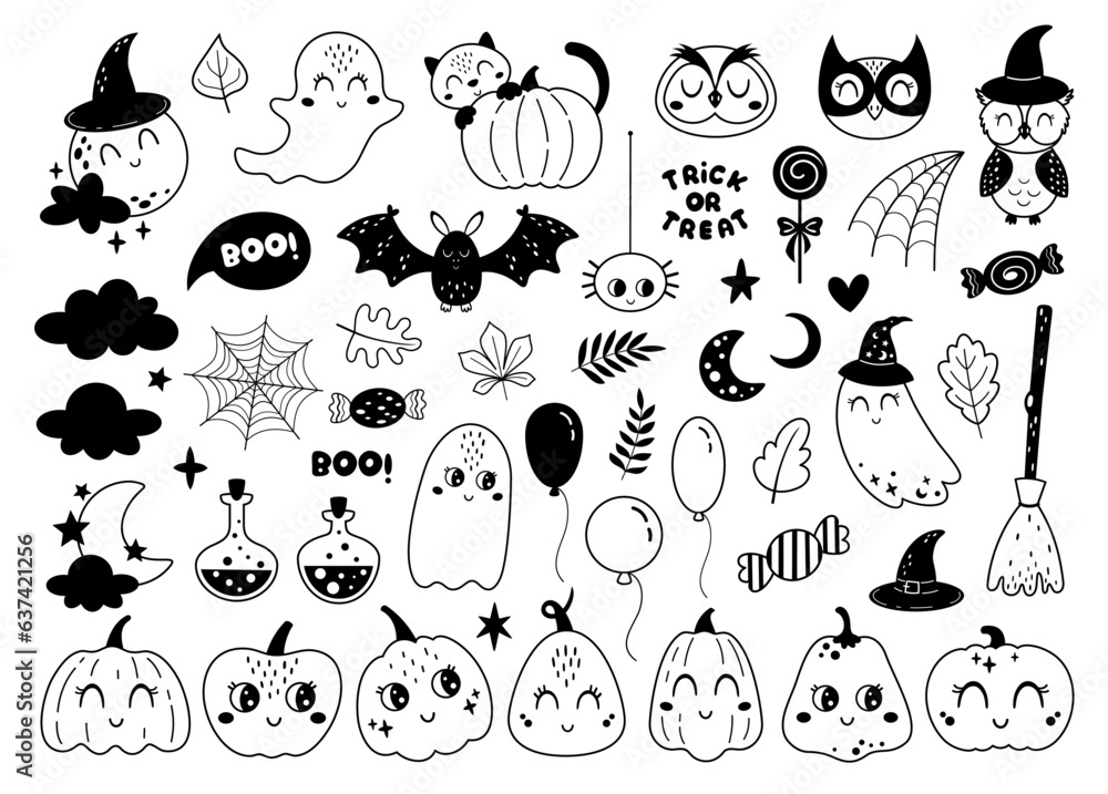 Black and white Halloween clipart. Cute Halloween pumpkins, ghost ...