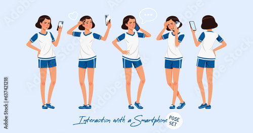 Sporty teenage girl set interacting with smartphone. Young woman wearing activewear athletic boys outfit. Health, wellness, physical education fitness, female coach. Cartoon character illustration