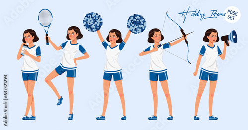 Sporty teenage girl set with equipment, sporting goods. Young woman wearing activewear athletic boys outfit. Health, wellness, physical education fitness, female coach. Cartoon character illustration © andrew_rybalko