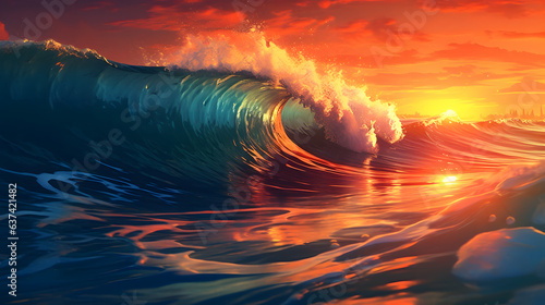 An incoming wave during a late summer sunset; Sunny day; Red cloudy sky; Big waves; Resolution 5824x3264 (16:9)