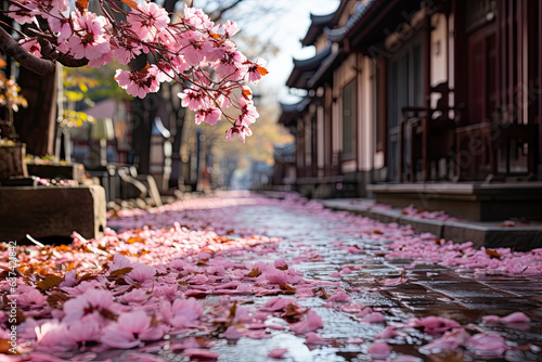 Foto Pink cherry sakura blossoms in sunny street