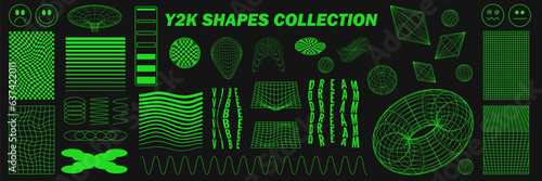 Surreal geometric retro shapes. Rave psychedelic futuristic set. Abstract backgrounds and patterns, wireframe, cyberpunk elements, signs and perspective grids. Vector black and green collection.