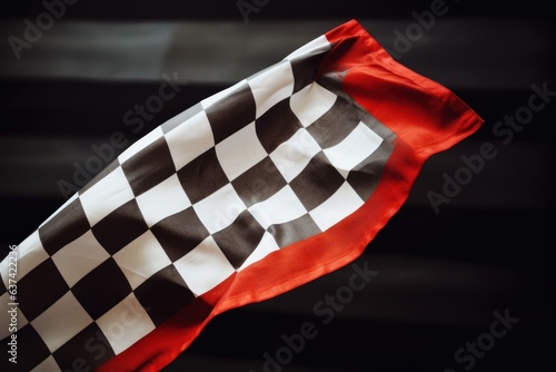 A black and white checkered flag fluttering in the breeze photo