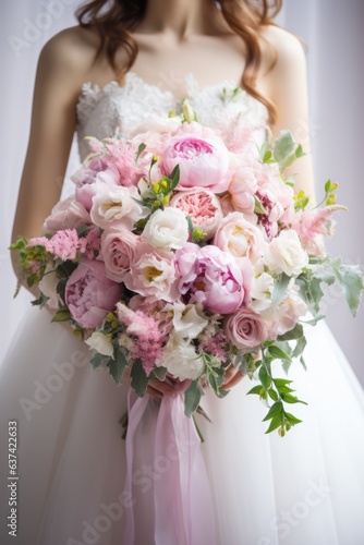 Bride holding a bouquet of pink peonies