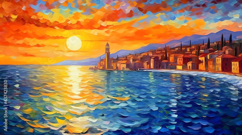 Late summer sunset on the city coast; Sunset reflecting on the sea; Sunglint over the ocean; Town ​​during late sunset; Beautiful sky; Resolution 5824x3264(16:9)