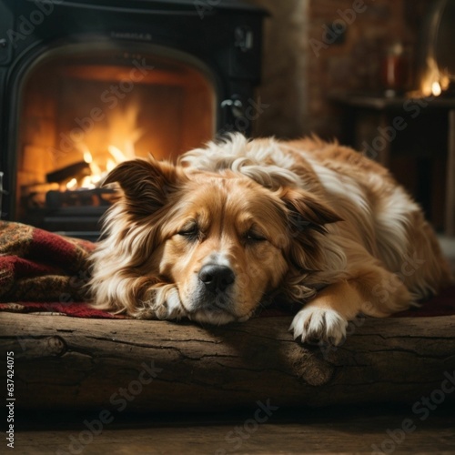 Peaceful Slumber  A Dog Sleeping by a Log Fire