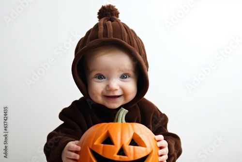 Happy child, wearing orange hallowing costume, smiling. Pumkings garden background. Toddler boy in fluffy orange costume. Halloween, trick or treat concept. AI generative. photo