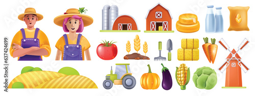 3D farm icon set, agriculture produce market vector pictogram, village rural building, tractor. Wheat field, young farmer, diary products, milk, cheese, flour bag, haystack barn. Farm icon eco element
