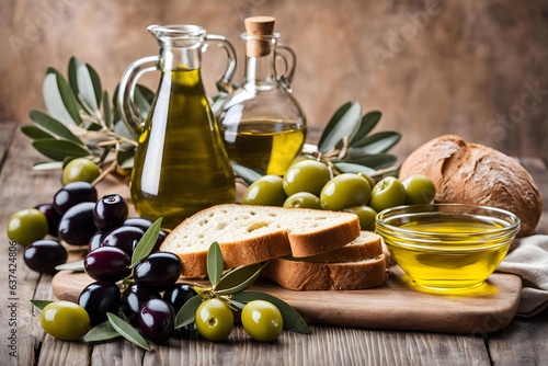 Extra virgin olive oil, olives and bread.Testing fresh mediterranean olive oil with bread.
