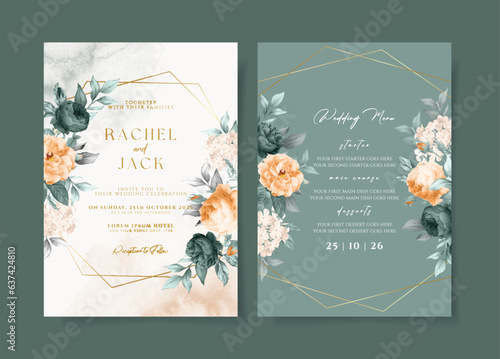 Wedding invitation template set with emerald green floral and leaves decoration