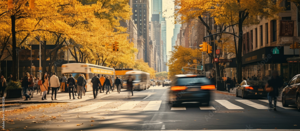 timelapse of daylight busy urban downtown city crowd people commuter transportation intersection street motion people and car taxi strret scene pedestrian city people lifestyle,ai generate timelapse of daylight busy urban downtown city crowd people commuter transportation intersection street motion people and car taxi strret scene pedestrian city people lifestyle,ai generate