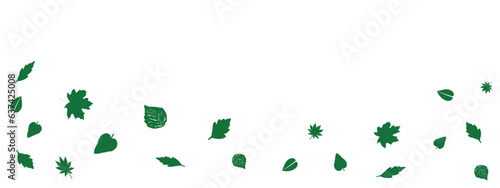 Green flying leaves are falling on white background. Wave foliage ornament. Vegan, eco, design element. Organic frame. Cosmetic pattern border. Fresh tea banner. Beauty product. Vector illustration.