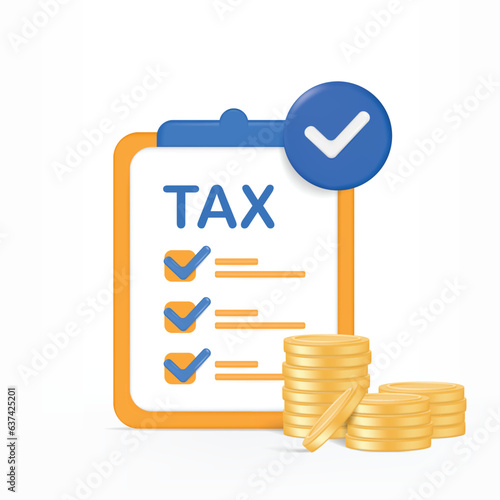 Filling tax form. Tax payment, accounting, financial management, corporate tax, taxable income concept. 3d vector icon. Cartoon minimal style.