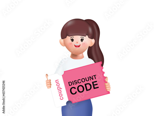 3d young woman character holding a big coupon promotion illustration vector rendering.