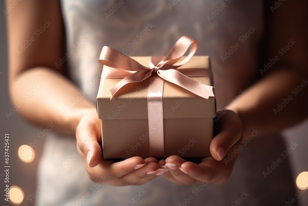 Female hands with present box holiday background Female hands with present box holiday background
