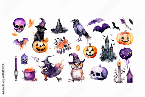 Halloween watercolor collection with black cat  witch  pumpkin  witch hat  owl  raven  skull  castle  witchcraft  potion cauldron  bat. Clip art Halloween graphic elements for creative design.