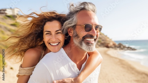 Happy middle-aged couple at a beach, woman hugging man from behind photo