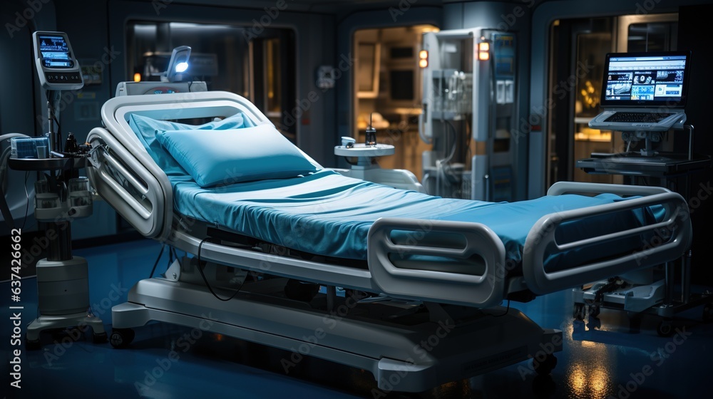Fototapeta premium Generative AI, Recovery room with comfortable bed, medical interior, empty hospital room.