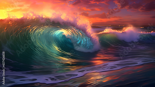 An incoming wave during a late summer sunset; Sunny day; Red cloudy sky; Big waves; Resolution 5824x3264 (16:9)