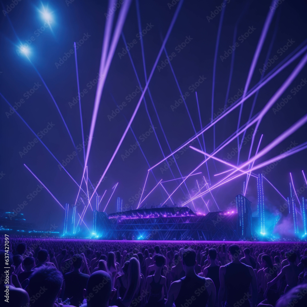 Futuristic Stage Metal Construction, Live Rock Concert, Festival,  Night Club Party,  Cheering Crowd, Lots of People Silhouette, Neon Color Lights Lasers and Smoke, generative AI