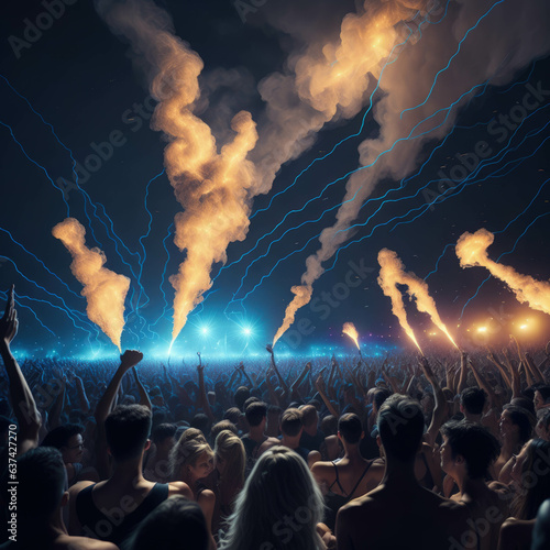 Live Concert Performence, Festival,  Night Club Party,  Cheering Crowd, Lots of People Silhouette, Neon Color Lights Lasers and Smoke, Generative AI © Phoenix_Renders