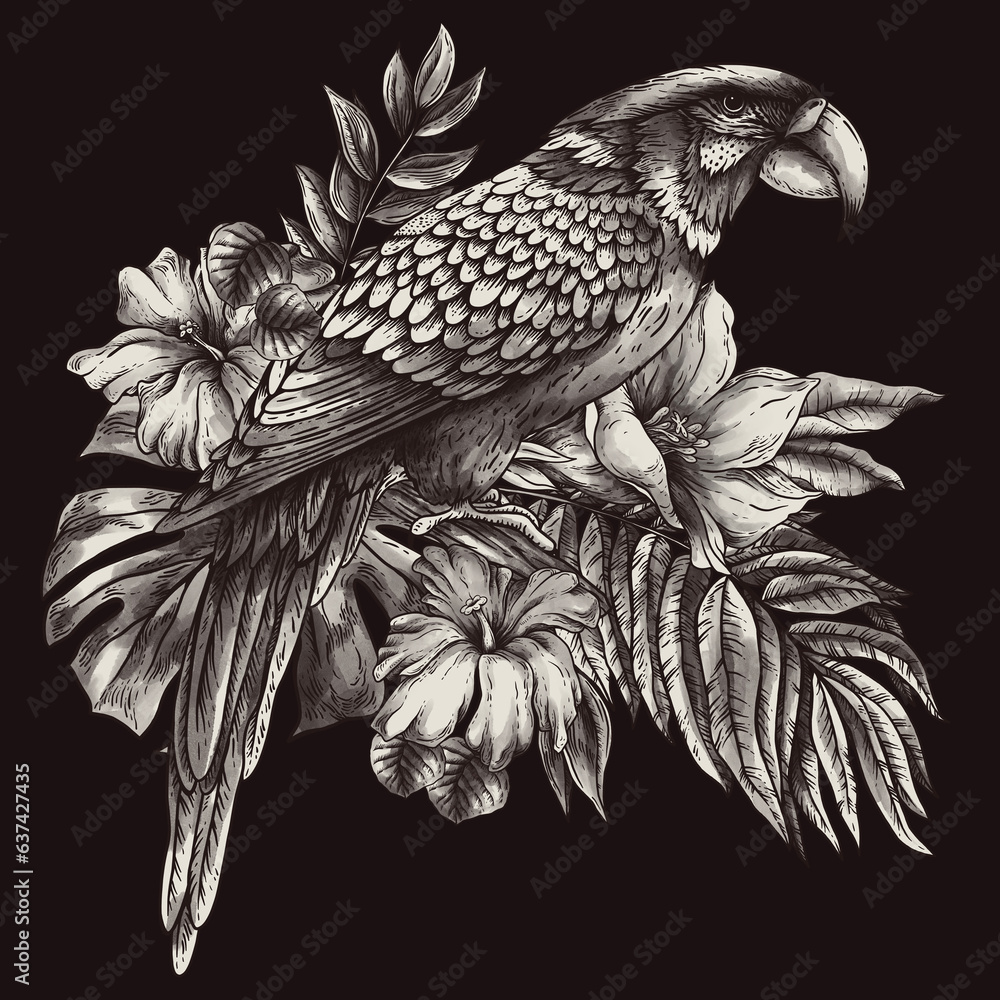 Vintage monochrome tropical fantasy bird parrot, leaves and flowers, classic invitation card