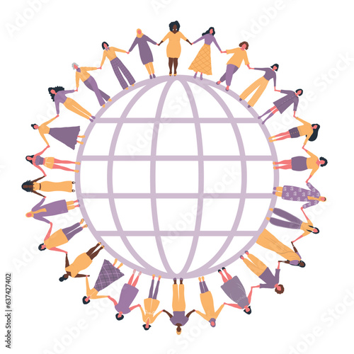 Women are holding hands, stand around the globe. International Women's Day concept. Women's community. Female solidarity. Multicultural group of women. Vector illustration