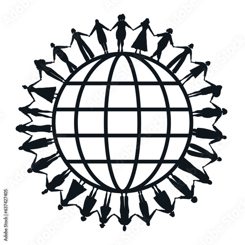 Black silhouettes. Women are holding hands, stand around the globe.  International Women's Day or Earth day concept. Multicultural group of people. Vector illustration