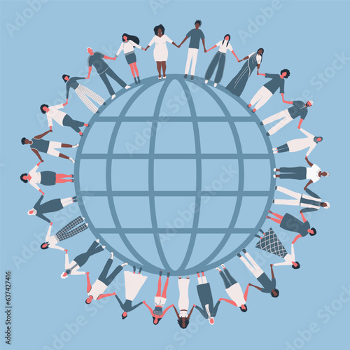 large group of people. Men and women are holding hands, stand around the globe. Multicultural group of people. Vector illustration in blue