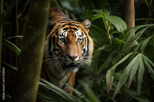 A majestic tiger wandering through a vibrant green forest © Marius