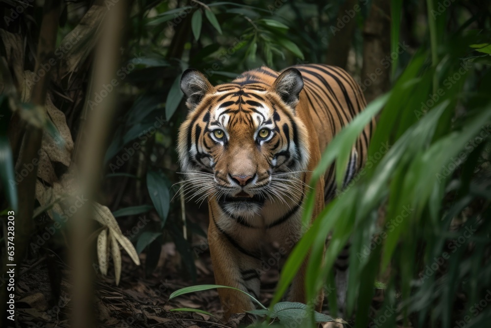 Fototapeta premium A majestic tiger walking through the lush jungle