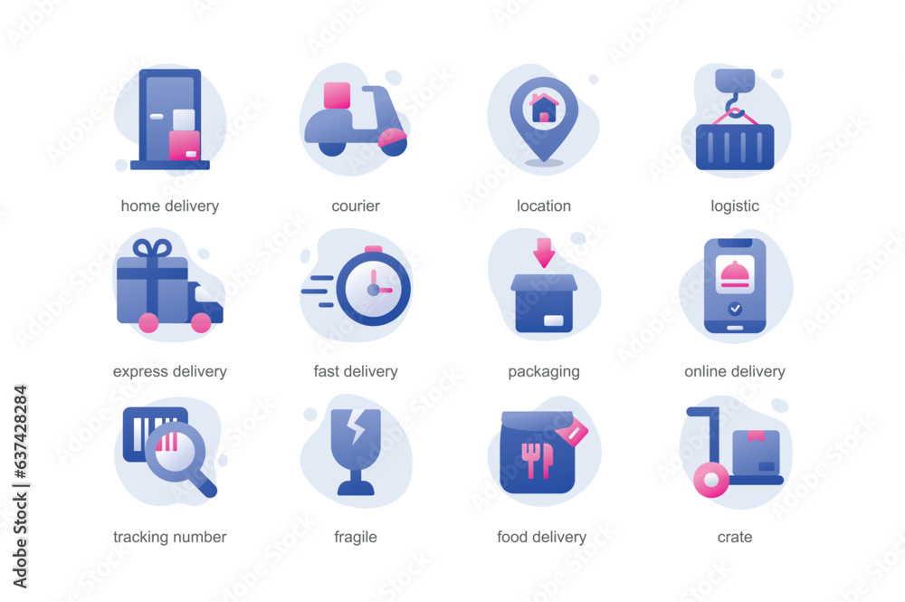Delivery icons in a flat cartoon design with blue colors. Icons in a cartoon style emphasize the signs and stages of the delivery service in various areas of life. Vector illustration. Delivery icons in a flat cartoon design with blue colors. Icons in a cartoon style emphasize the signs and stages of the delivery service in various areas of life. Vector illustration.
