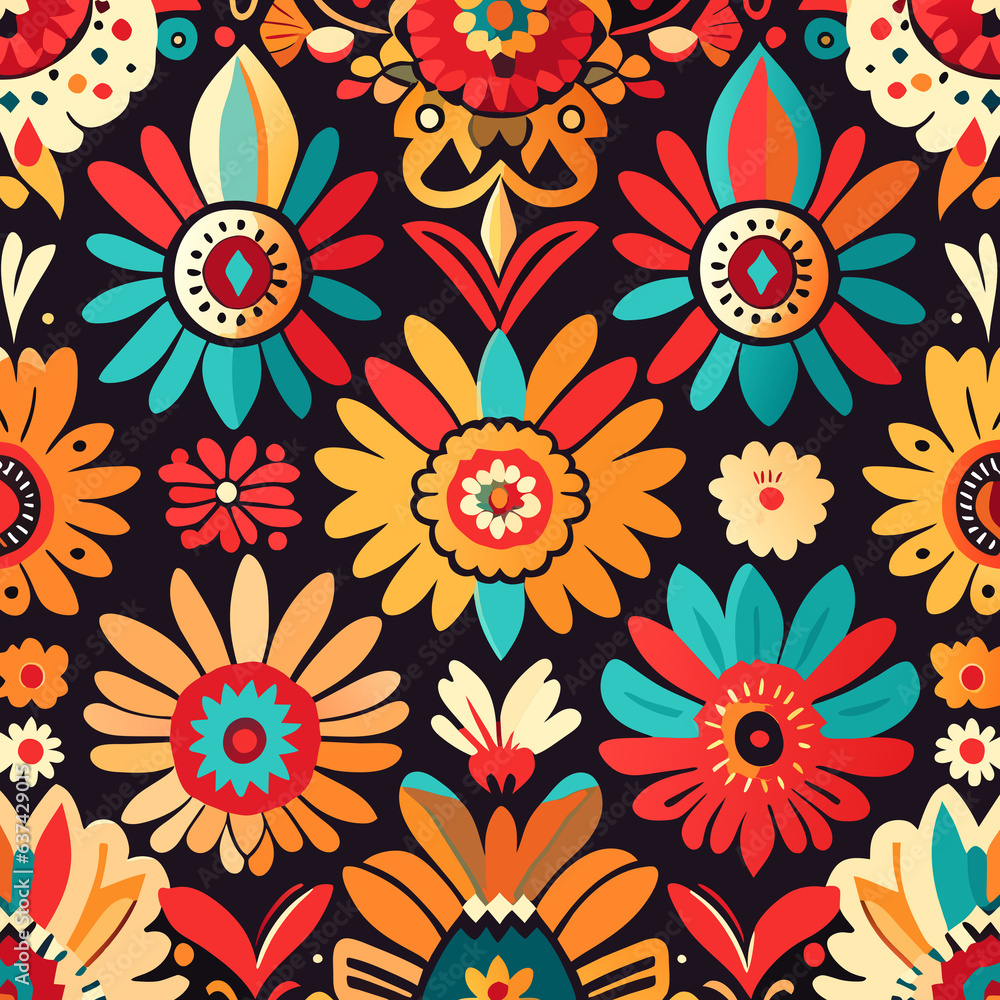 Seamless floral pattern with flowers and leaves.
