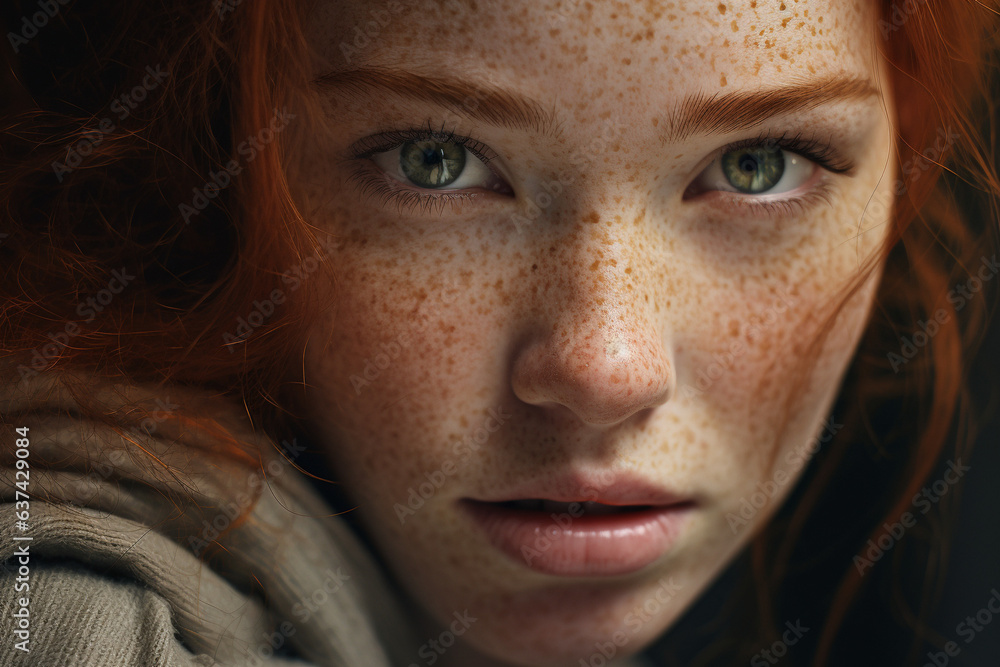Beautiful young woman with freckles on her face and red hair, close-up Beautiful young woman with freckles on her face and red hair, close-up