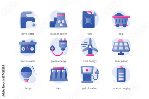 Power and energy icons in a flat cartoon design with blue colors. Small cartoon images introduce different types of alternative energy in the modern world. Vector illustration.