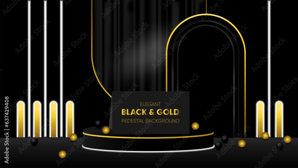 Realistic black, golden 3D cylinder pedestal podium