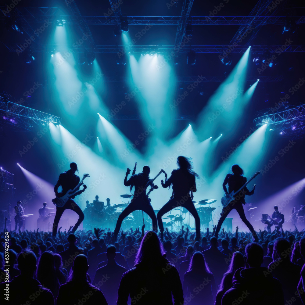 Rock Band Silhouette Music Concert Performance, Huge Crowded Stadium Arena Hall, Full Of Fans, Cheering Crowd, Neon Color Lights, Generative AI Rock Band Silhouette Music Concert Performance, Huge Crowded Stadium Arena Hall, Full Of Fans, Cheering Crowd, Neon Color Lights, Generative AI