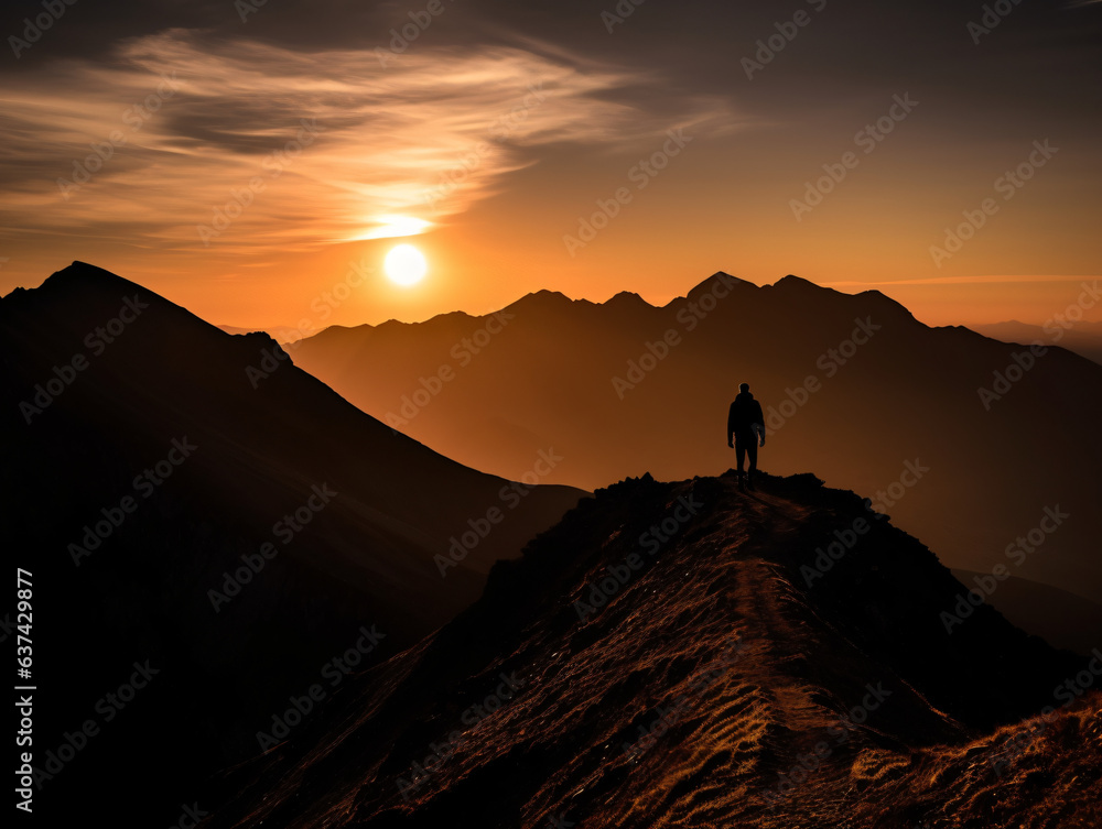 A silhouetted figure hiking along a mountain ridge at sunset