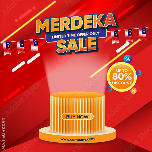 Independence Day or Merdeka Sale poster design with podium