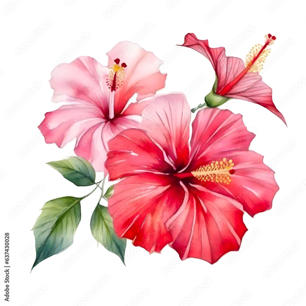 Watercolor set of pink and red hibiscus flowers on transparent background Watercolor set of pink and red hibiscus flowers on transparent background