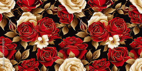 Seamless pattern of red roses with baroque style gilded accents on dark backdrop. Concept: Golden embellished blooms
