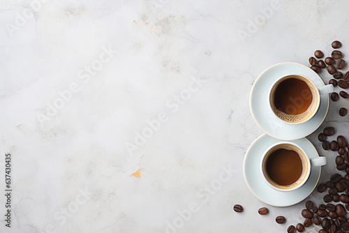 Cups of hot coffee and coffee beans on a white marble background