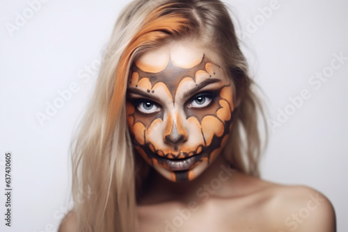 Happy young girl, wearing orange hallowing costume, smiling. Pumkings garden background. Girl in fluffy costume. Halloween, trick or treat concept. AI generative. photo