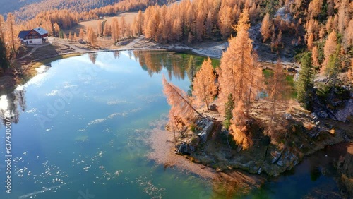 4k drone flight moving to the side footage (Ultra High Definition) of popular tourist destination - Federa lake among red larch trees. Picturesque autumn scene of Dolomite Alps. Sunny morning in Italy photo