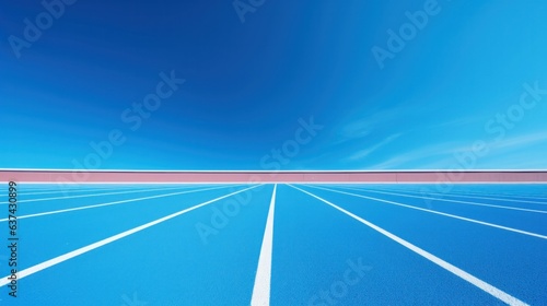 Blue running track with separate white line in straight area.